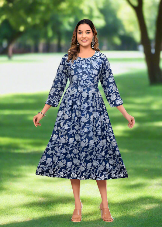 Anarkali Poly Crepe Printed Kurti for Women (Grey & Blue, M)
