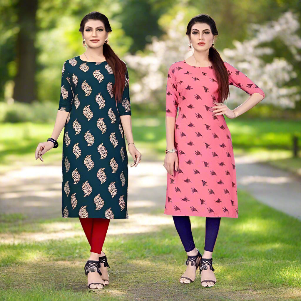 Crepe Printed Kurti for Women (Green & Pink, S) (Pack of 2)