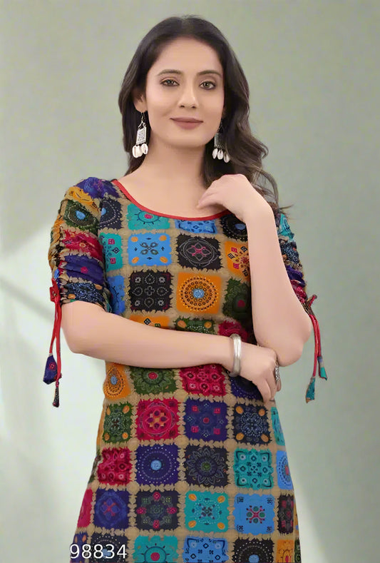 Rayon Printed Kurti for Women (Multicolor, S)