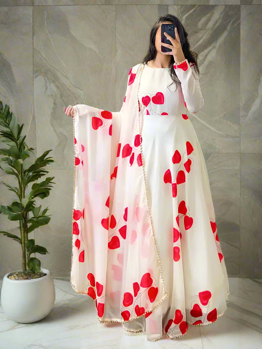 Georgette Printed Gown with Dupatta for Women (Red & White, S)
