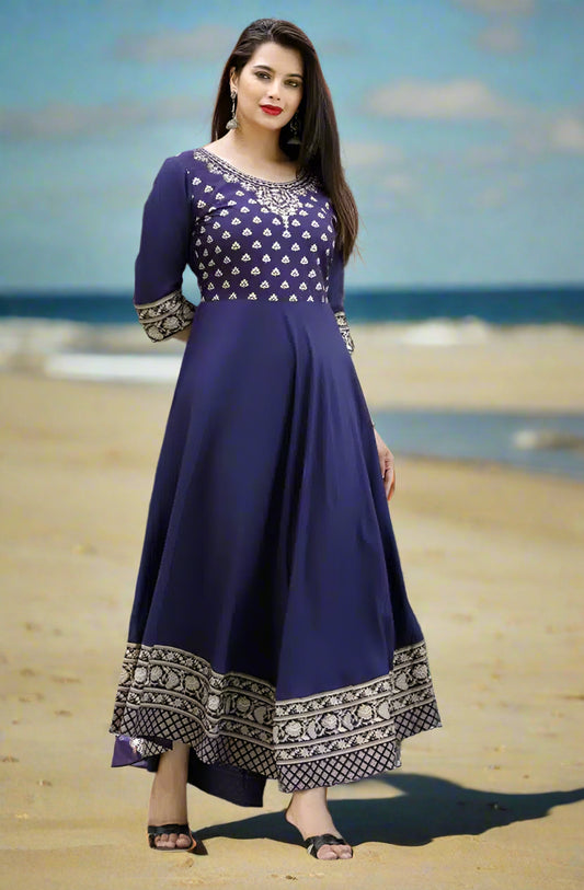 Rayon Printed Anarkali Kurti for Women (Blue, S)